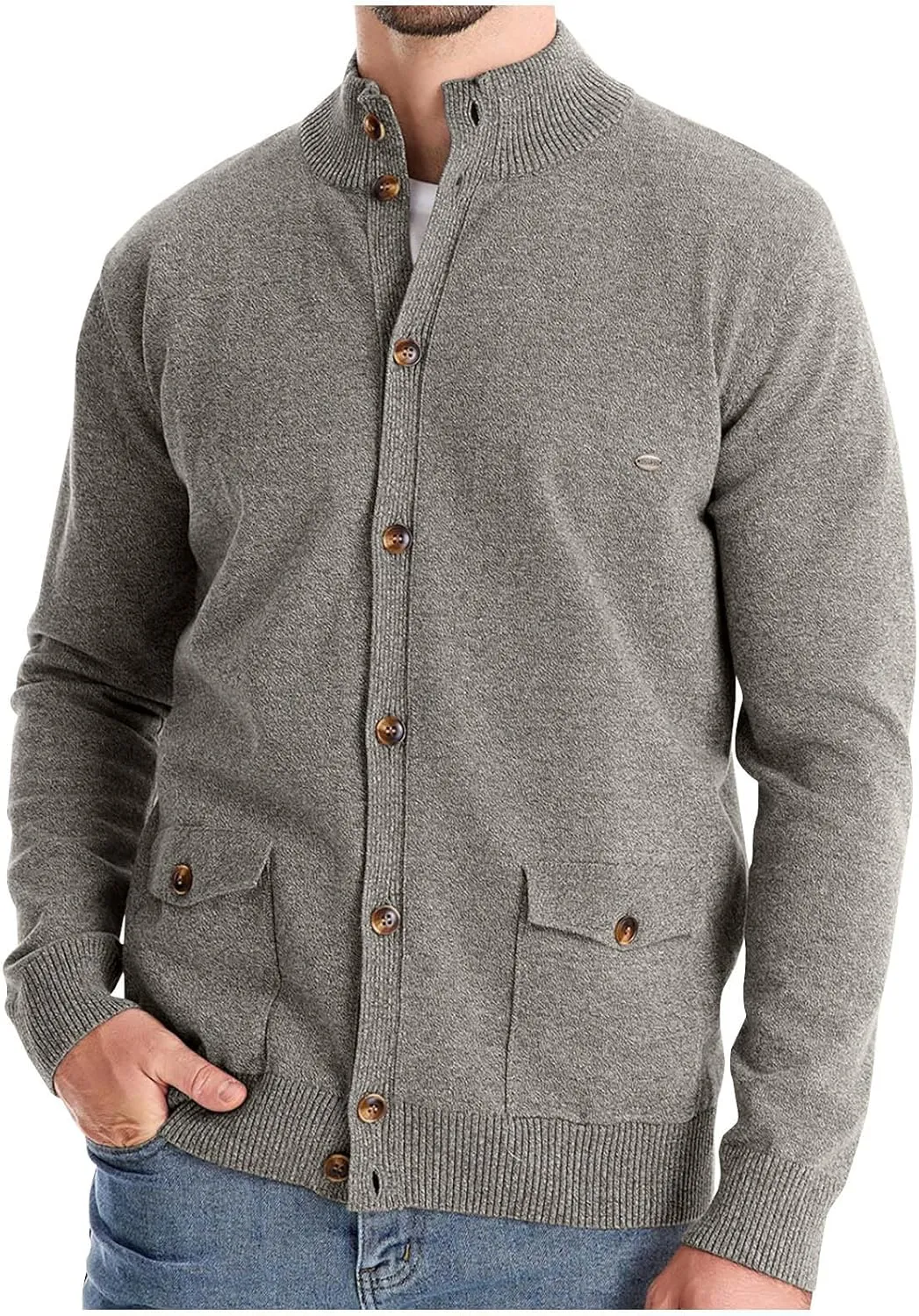 Mens Casual Cardigan Sweater Long Sleeve Mock Neck Button Down Knit Cardigan Sweaters Jacket with Pockets