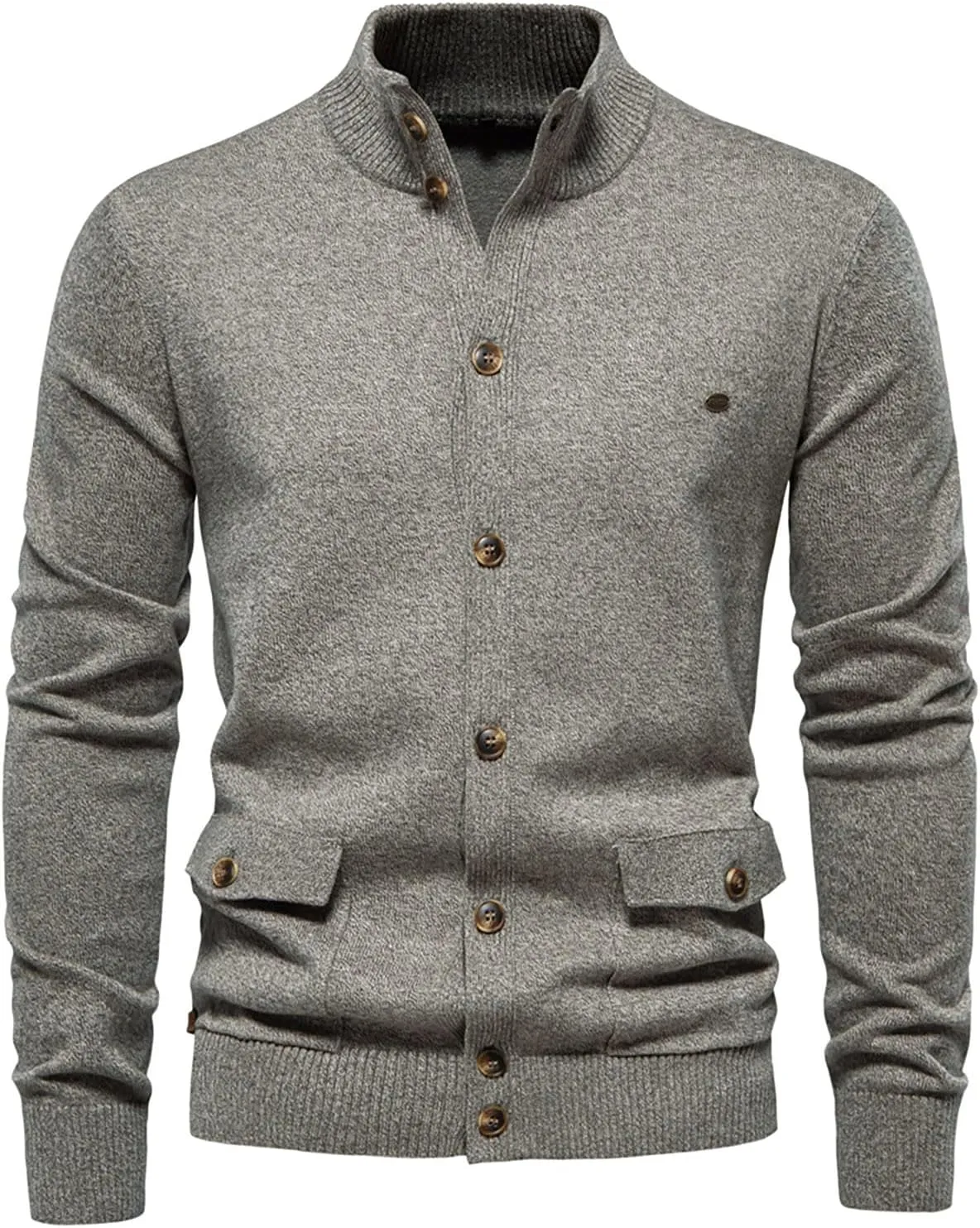 Mens Casual Cardigan Sweater Long Sleeve Mock Neck Button Down Knit Cardigan Sweaters Jacket with Pockets