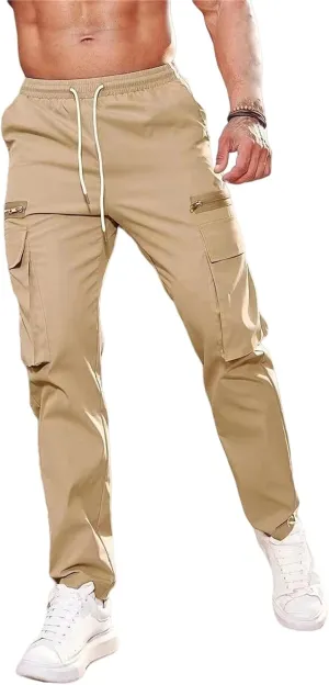 Mens Casual Cargo Joggers Elastic Waist with Drawstring Stretchy Relaxed Fit Tapered Legs for Work, Leisure