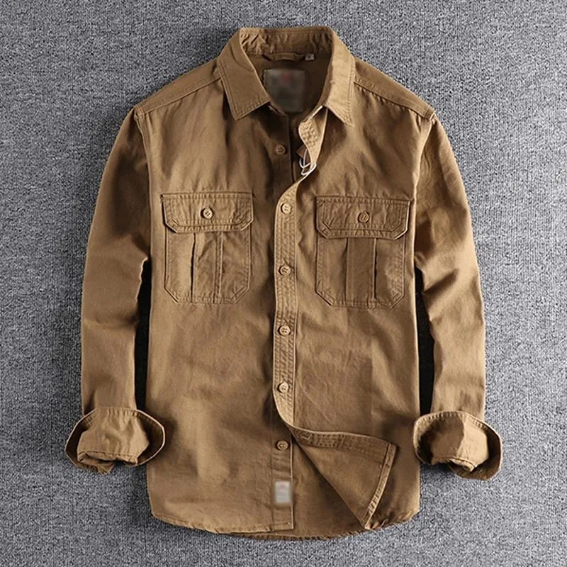 Men's Casual Cotton Flap Pocket Lapel Long Sleeve Shirt 17545101M