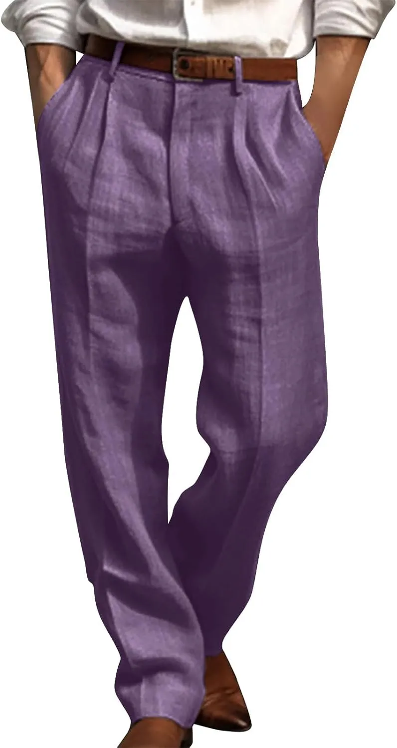 Men's Casual Linen Pants Lightweight Pleated Straight Trousers Relaxed Fit Pants Big and Tall Beach Golf Jogging Pants