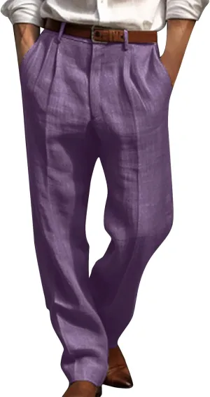 Men's Casual Linen Pants Lightweight Pleated Straight Trousers Relaxed Fit Pants Big and Tall Beach Golf Jogging Pants
