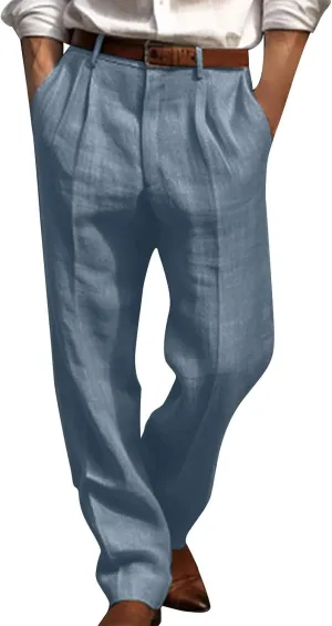 Men's Casual Linen Pants Lightweight Pleated Straight Trousers Relaxed Fit Pants Big and Tall Beach Golf Jogging Pants