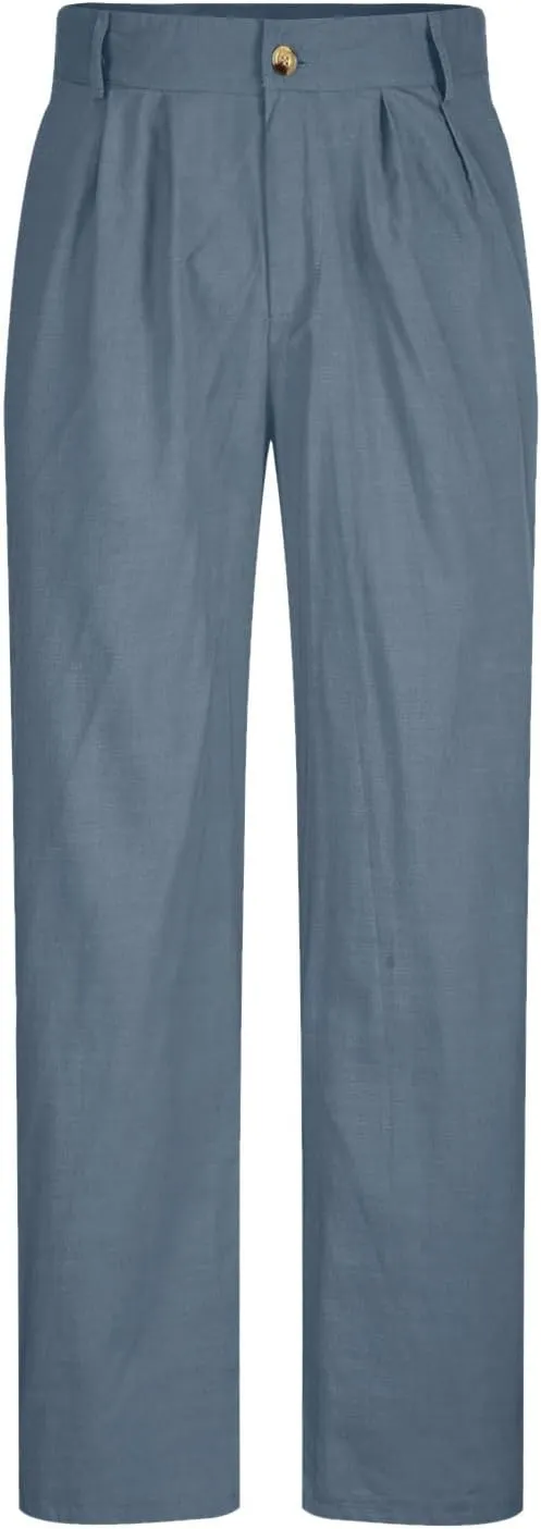 Men's Casual Linen Pants Lightweight Pleated Straight Trousers Relaxed Fit Pants Big and Tall Beach Golf Jogging Pants