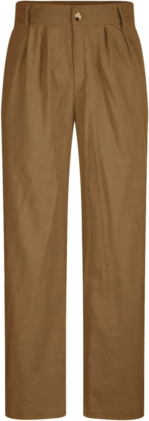 Men's Casual Linen Pants Lightweight Pleated Straight Trousers Relaxed Fit Pants Big and Tall Beach Golf Jogging Pants