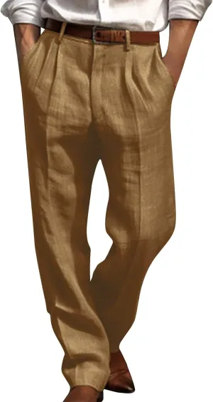 Men's Casual Linen Pants Lightweight Pleated Straight Trousers Relaxed Fit Pants Big and Tall Beach Golf Jogging Pants