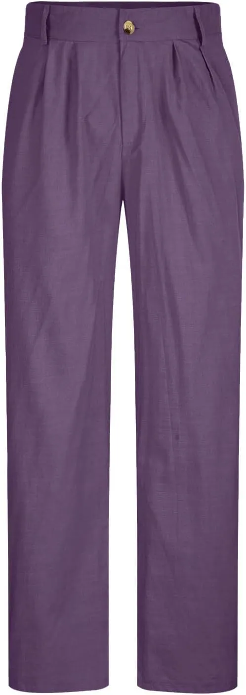 Men's Casual Linen Pants Lightweight Pleated Straight Trousers Relaxed Fit Pants Big and Tall Beach Golf Jogging Pants