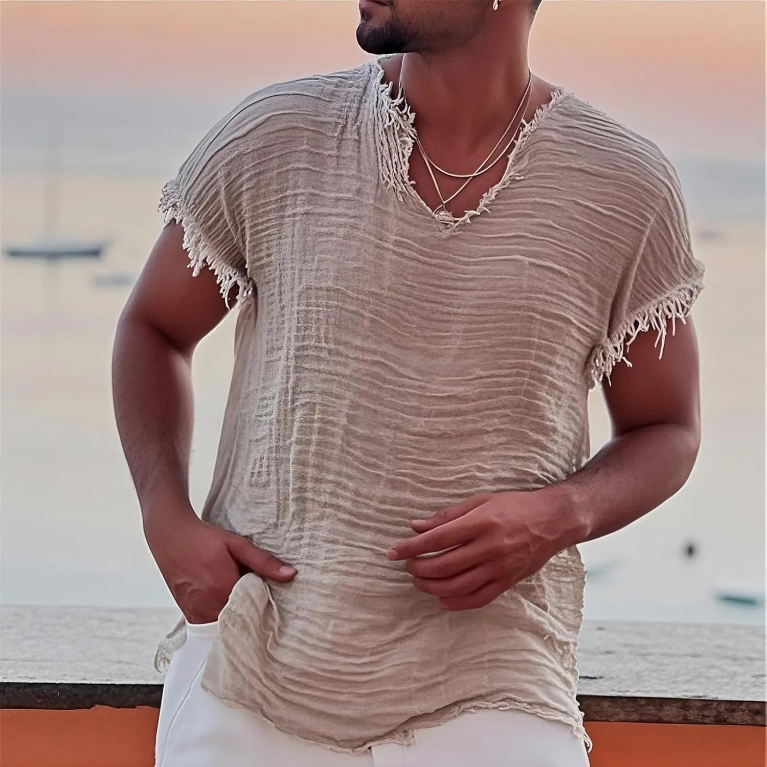 Men's Casual Linen T Shirts V Neck Short Sleeve Washed Shirts Frayed Raw Edges Tops Summer Beach Vacation Yoga Tops