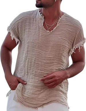 Men's Casual Linen T Shirts V Neck Short Sleeve Washed Shirts Frayed Raw Edges Tops Summer Beach Vacation Yoga Tops