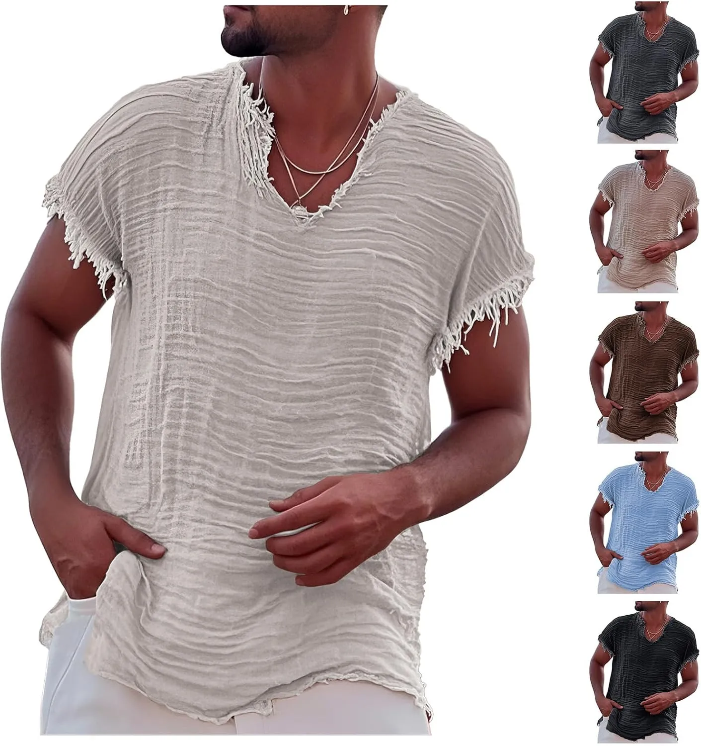 Men's Casual Linen T Shirts V Neck Short Sleeve Washed Shirts Frayed Raw Edges Tops Summer Beach Vacation Yoga Tops