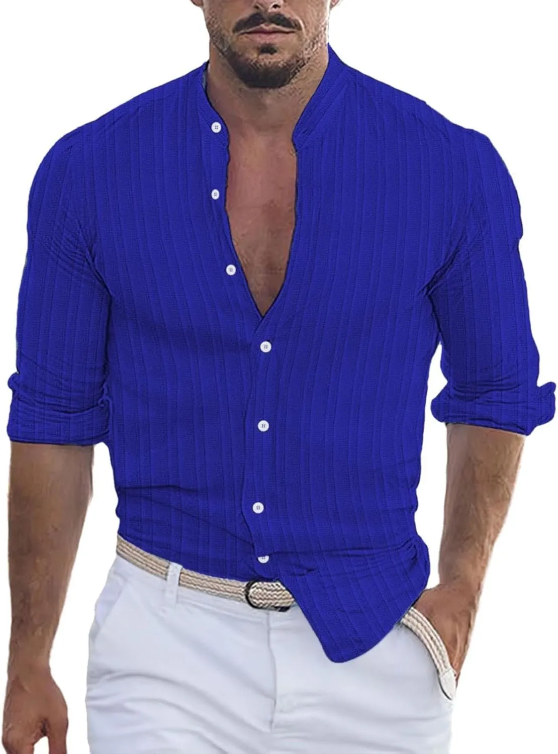 Mens Casual Long Sleeve Cotton Linen Shirts Summer Beach Vacation Camping T-Shirt Fashion Button Yoga Wedding Tops