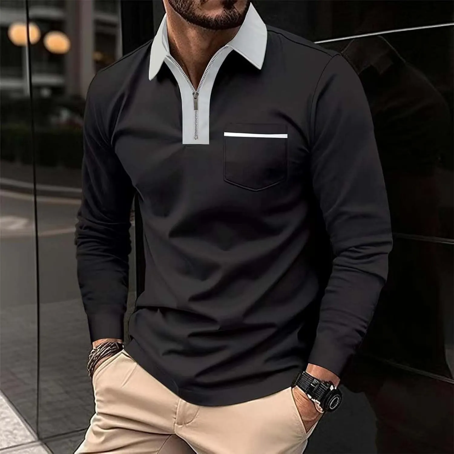Mens Casual Quarter Zip Polo Shirt Business Office Work Slim Fit Long Sleeve Stretch Lightweight Sports Golf Collared T Shirt