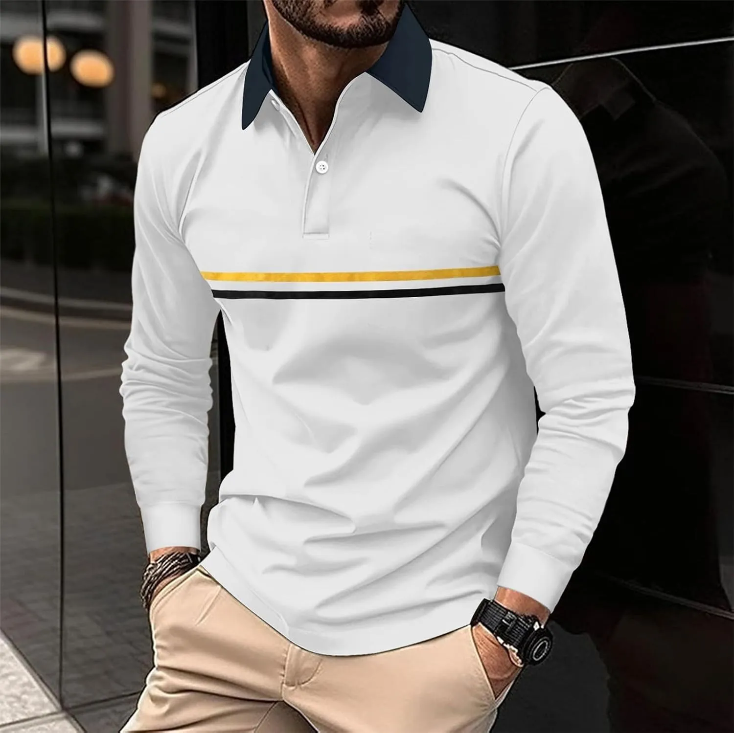 Mens Casual Quarter Zip Polo Shirt Business Office Work Slim Fit Long Sleeve Stretch Lightweight Sports Golf Collared T Shirt