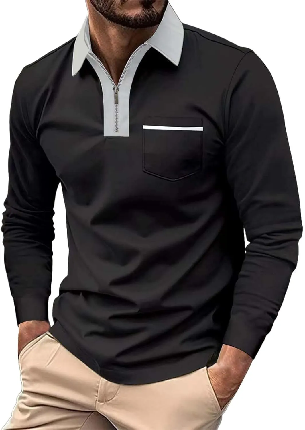 Mens Casual Quarter Zip Polo Shirt Business Office Work Slim Fit Long Sleeve Stretch Lightweight Sports Golf Collared T Shirt