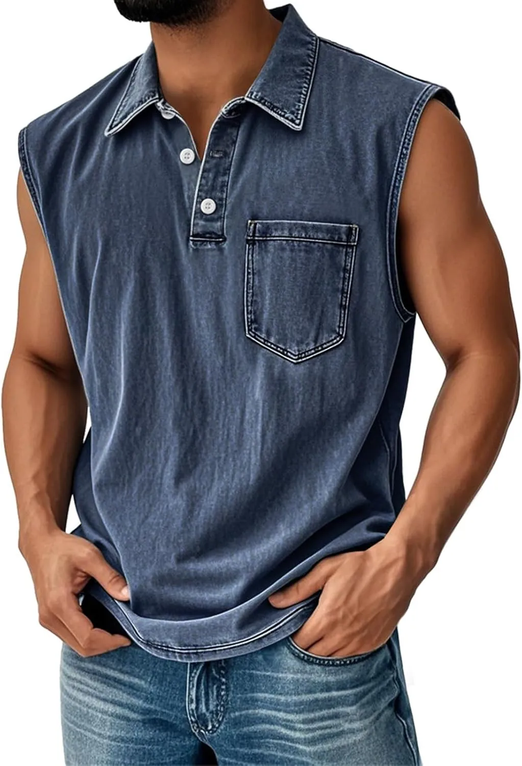 Men's Classic Sleeveless Polo Shirts Distressed Washed Cowboy Tank Tops Summer Lapel Button Golf Tops with Pocket