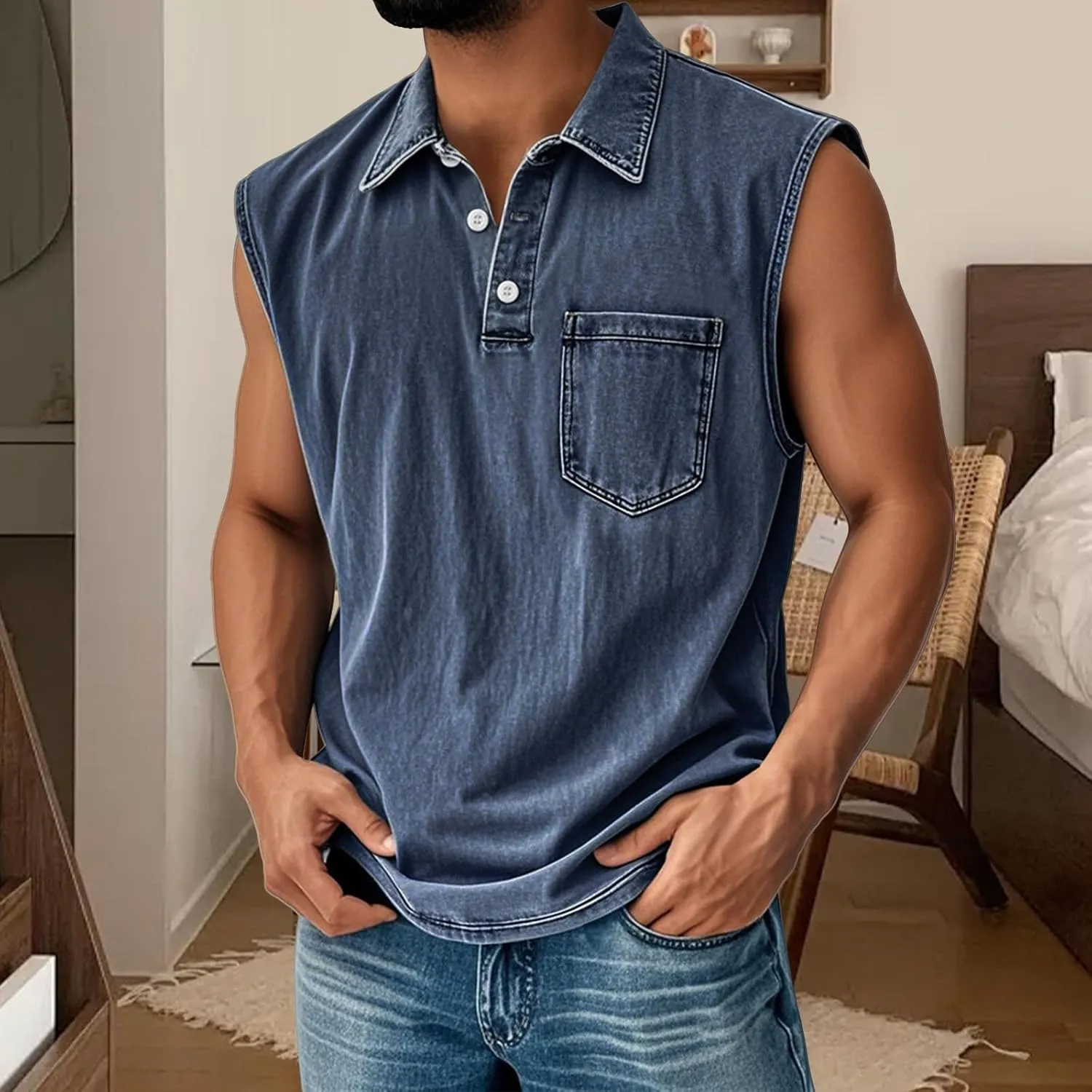 Men's Classic Sleeveless Polo Shirts Distressed Washed Cowboy Tank Tops Summer Lapel Button Golf Tops with Pocket