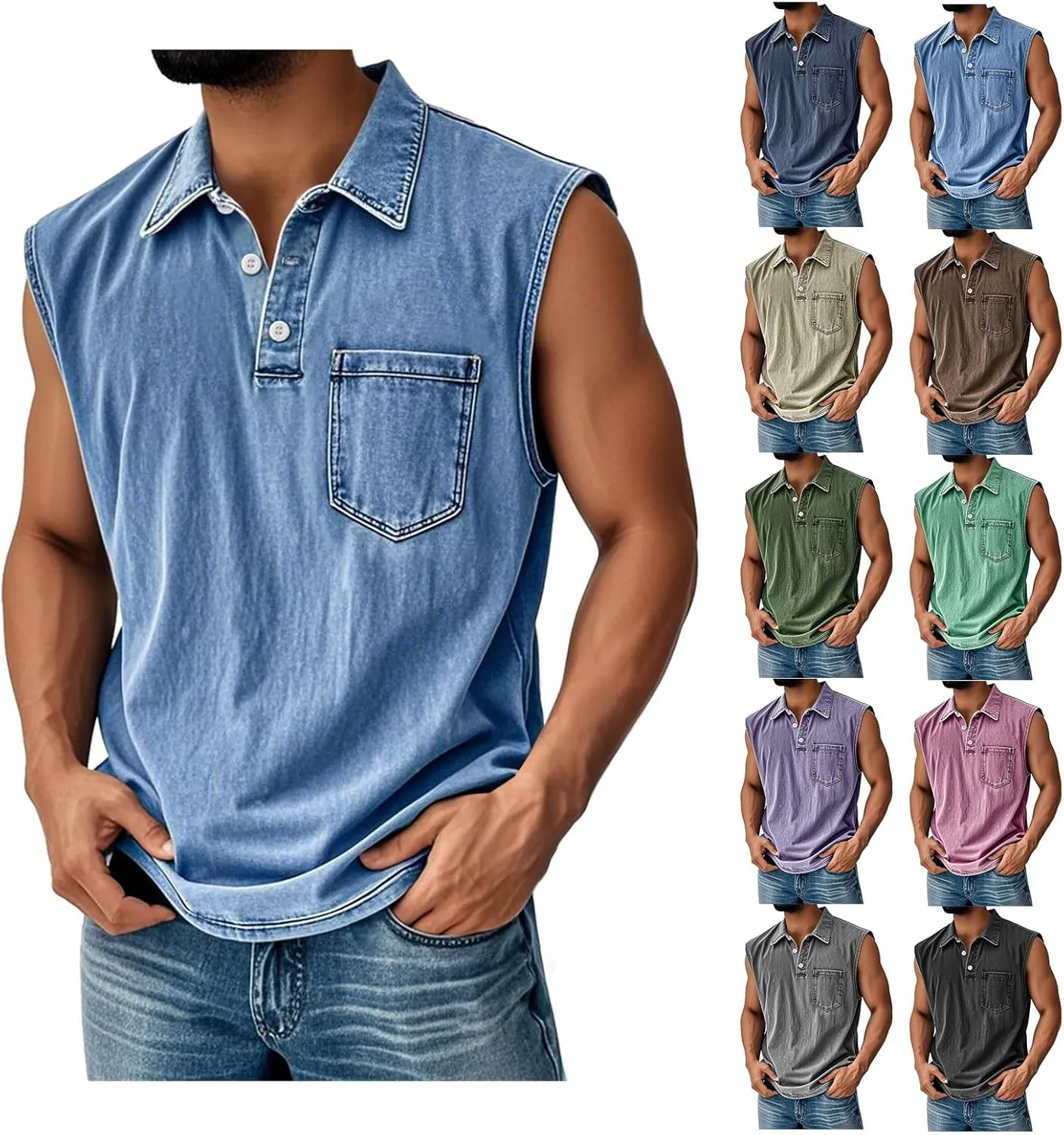 Men's Classic Sleeveless Polo Shirts Distressed Washed Cowboy Tank Tops Summer Lapel Button Golf Tops with Pocket