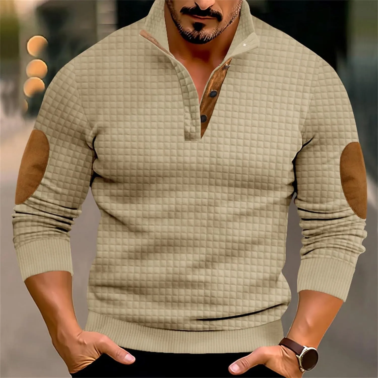 Mens Corduroy Sweatshirts Casual Lapel Collar Shirt Mock Neck Button Polo Pullover Waffle Sweater with Elbow Patches