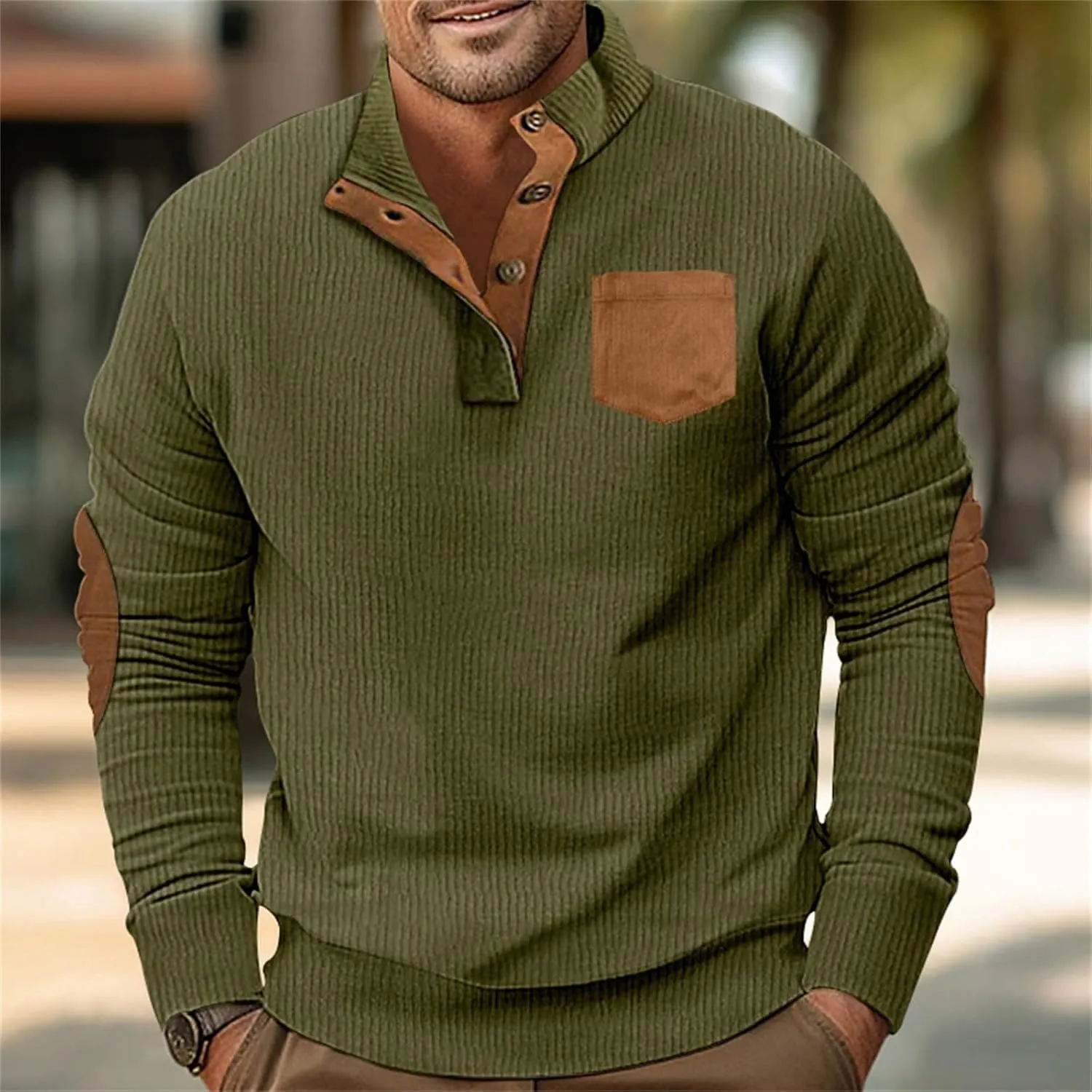 Mens Corduroy Sweatshirts Casual Lapel Collar Shirt Mock Neck Button Polo Pullover Waffle Sweater with Elbow Patches