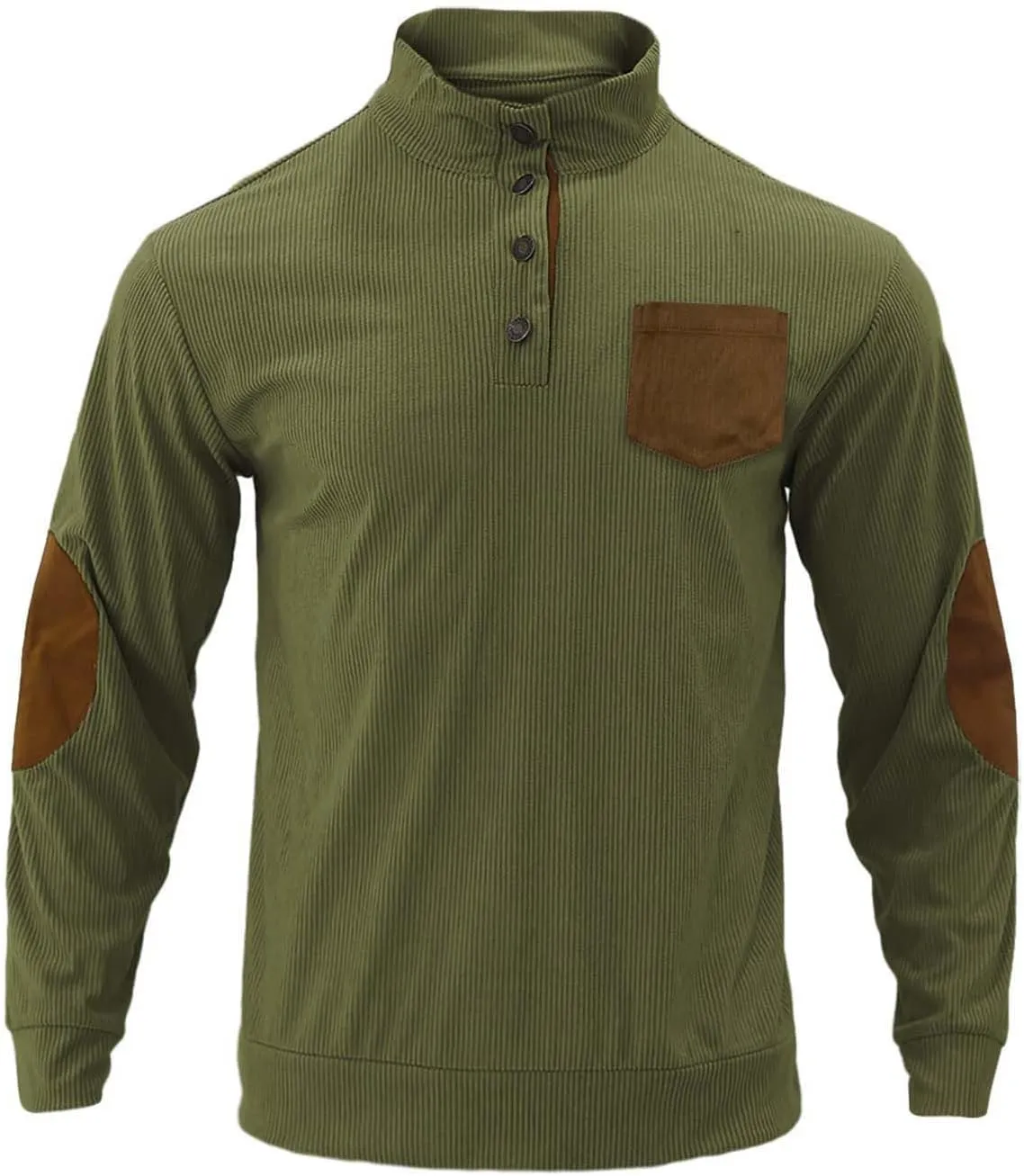 Mens Corduroy Sweatshirts Casual Lapel Collar Shirt Mock Neck Button Polo Pullover Waffle Sweater with Elbow Patches