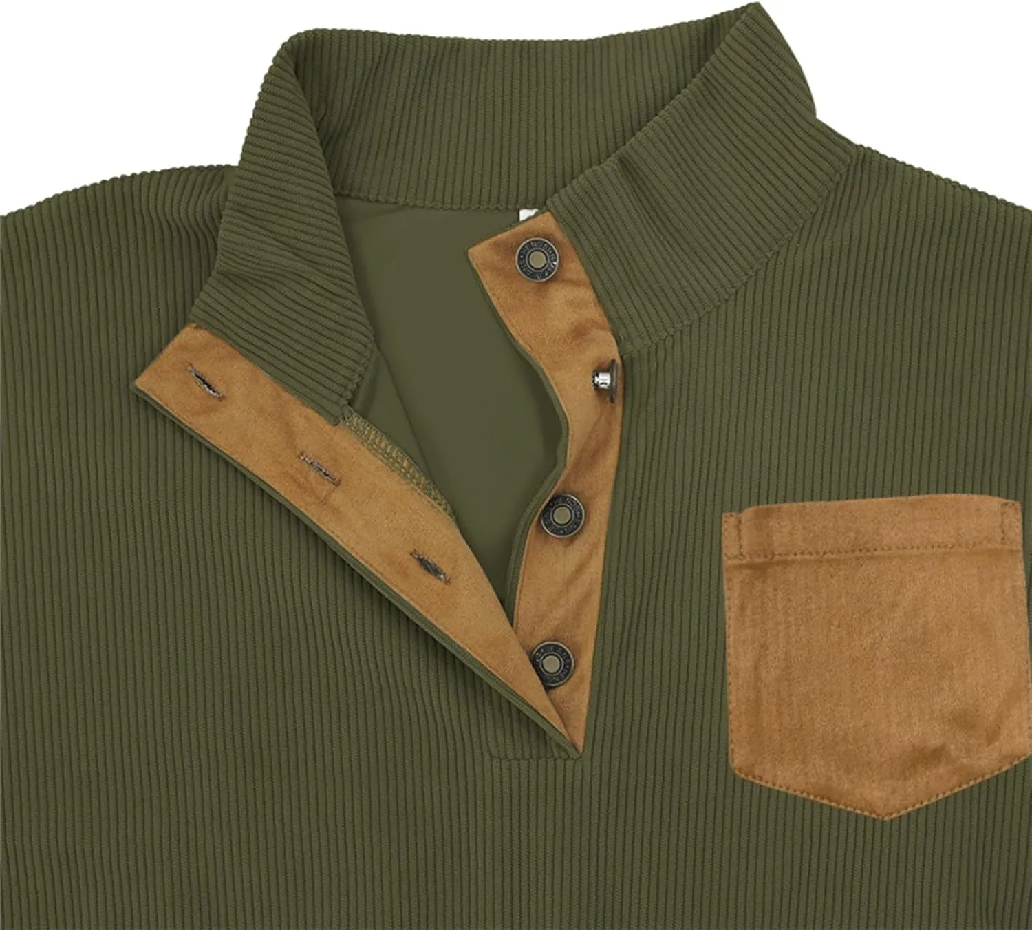 Mens Corduroy Sweatshirts Casual Lapel Collar Shirt Mock Neck Button Polo Pullover Waffle Sweater with Elbow Patches