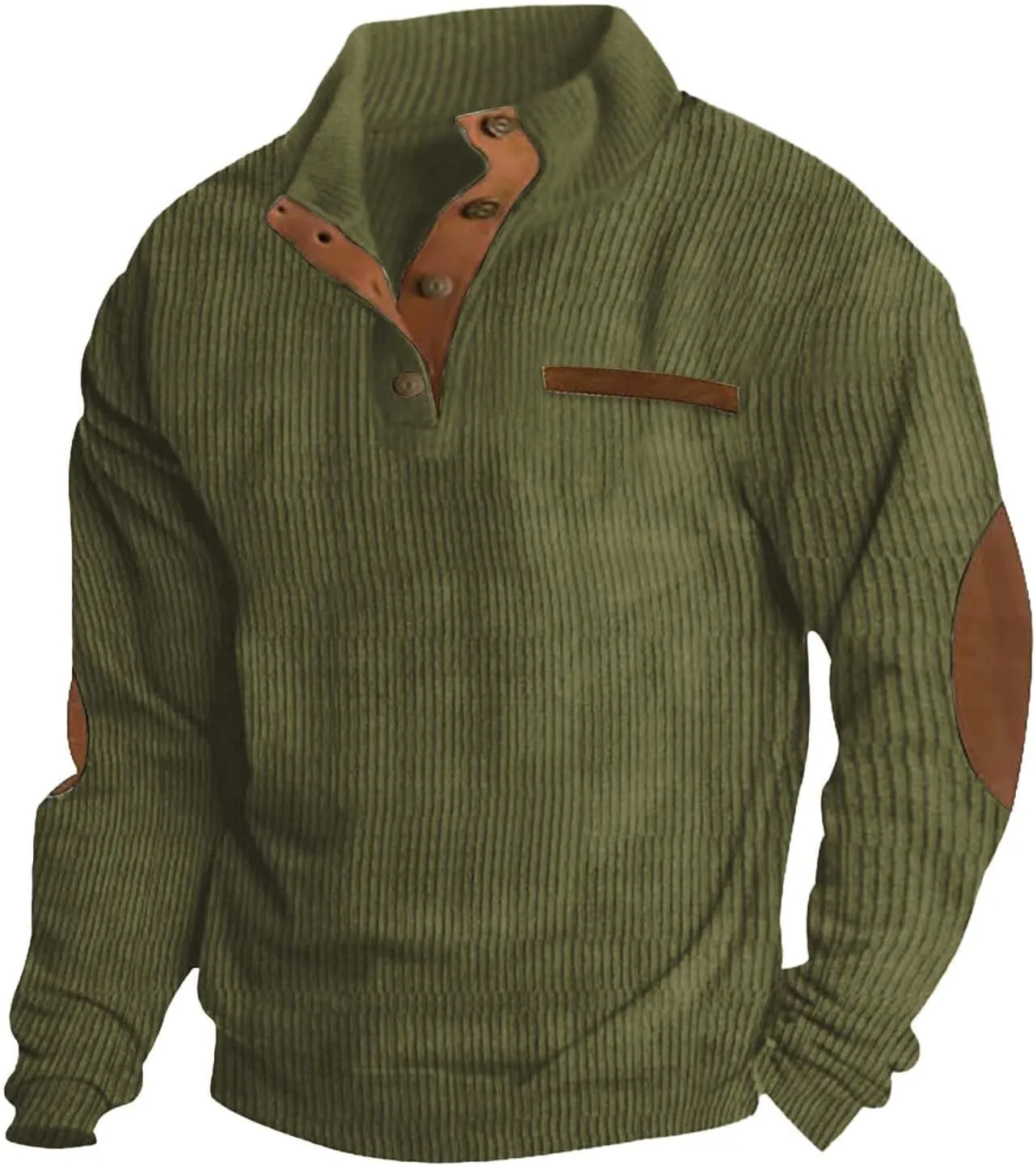 Mens Corduroy Sweatshirts Casual Lapel Collar Shirt Mock Neck Button Polo Pullover Waffle Sweater with Elbow Patches
