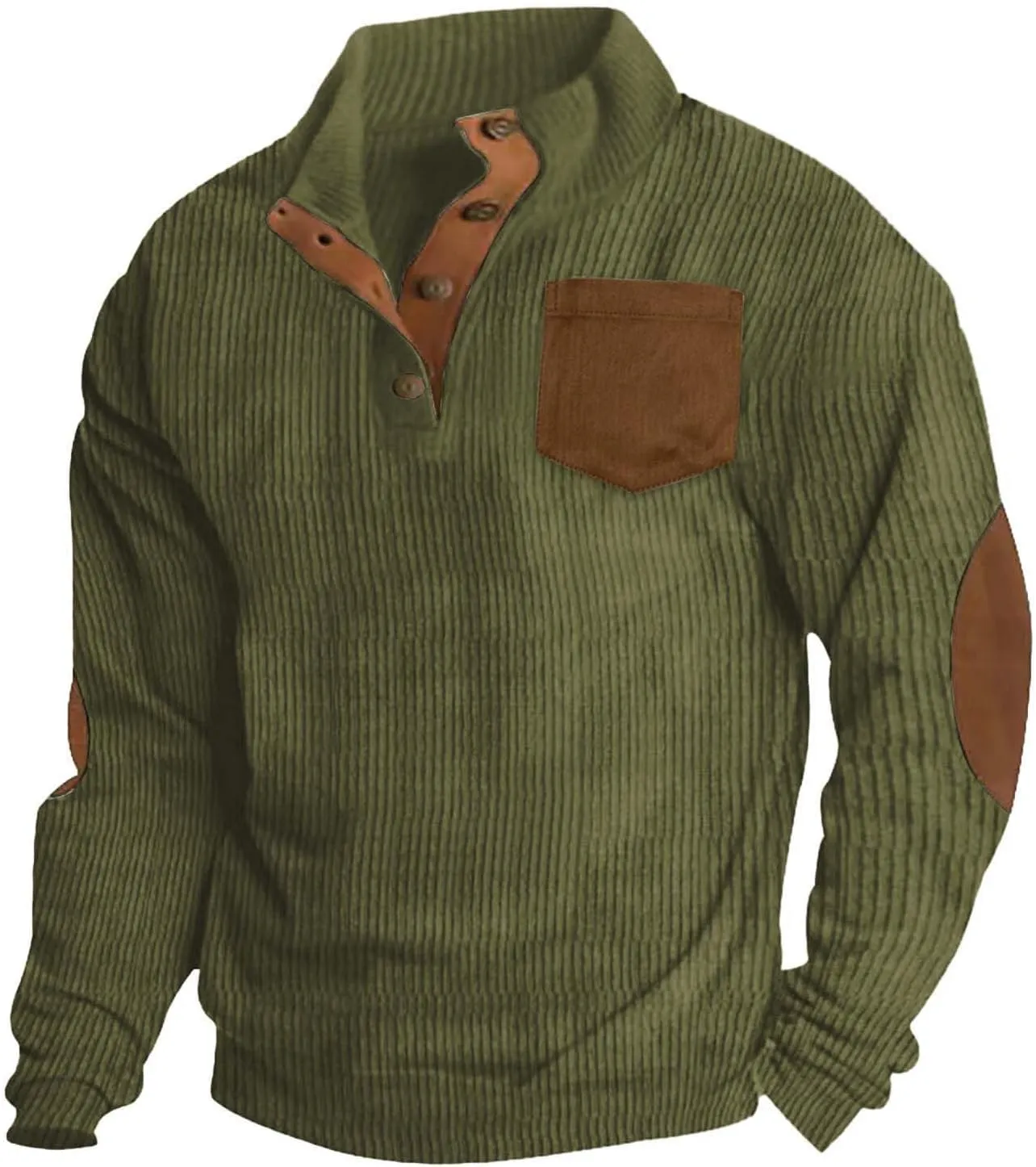 Mens Corduroy Sweatshirts Casual Lapel Collar Shirt Mock Neck Button Polo Pullover Waffle Sweater with Elbow Patches