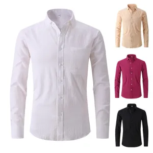 Men's Cotton And Linen  Solid Color Long Sleeved Business Slim Fitting Dress