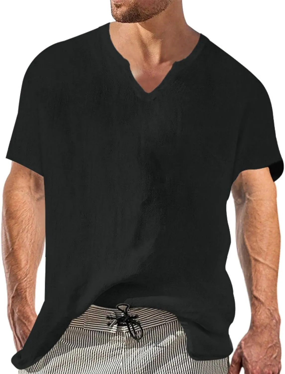 Mens Cotton Linen Shirts Summer Casual Tunic Tops Basic Notch Neck Solid Short Sleeve T-Shirt Vacation Beach Tee