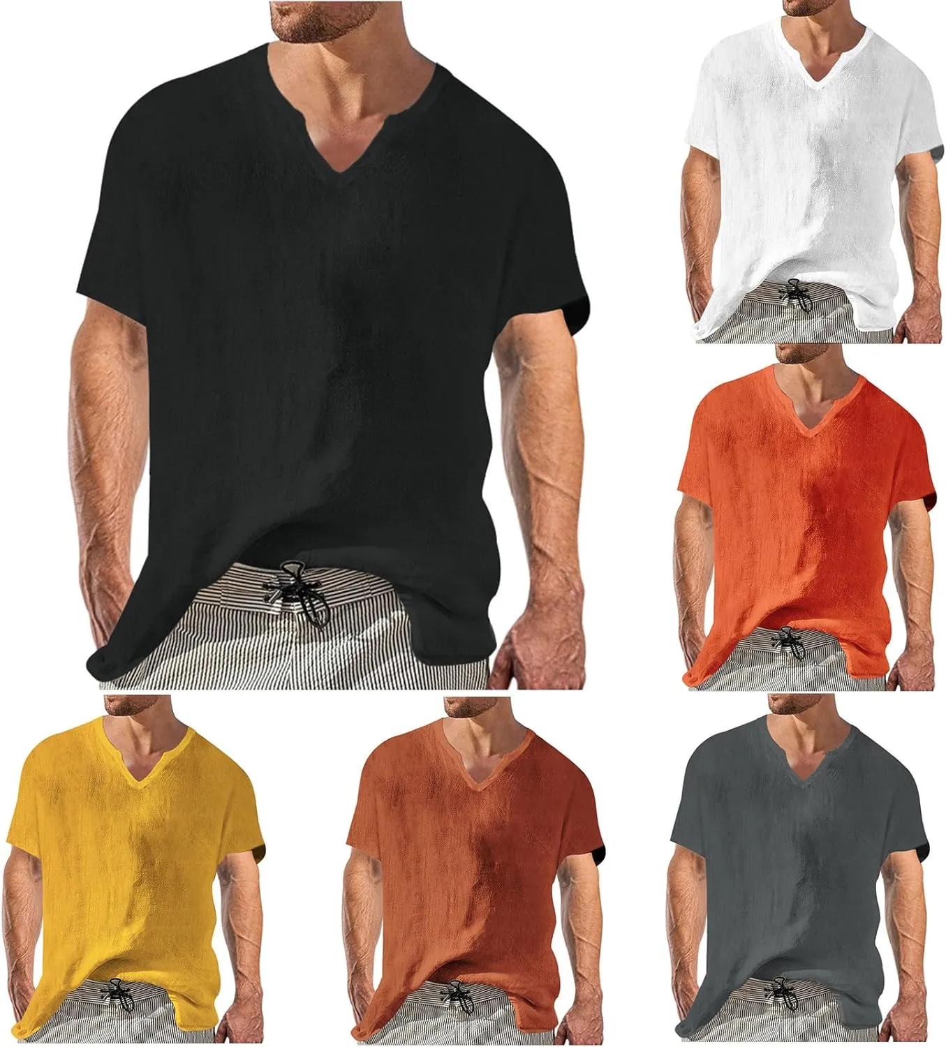 Mens Cotton Linen Shirts Summer Casual Tunic Tops Basic Notch Neck Solid Short Sleeve T-Shirt Vacation Beach Tee