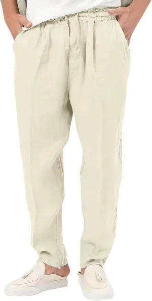 Mens Elastic Waist Pants Linen Drawstring Casual Pants Relaxed Fit Summer Beach Yoga Lightweight Trousers with Pocket