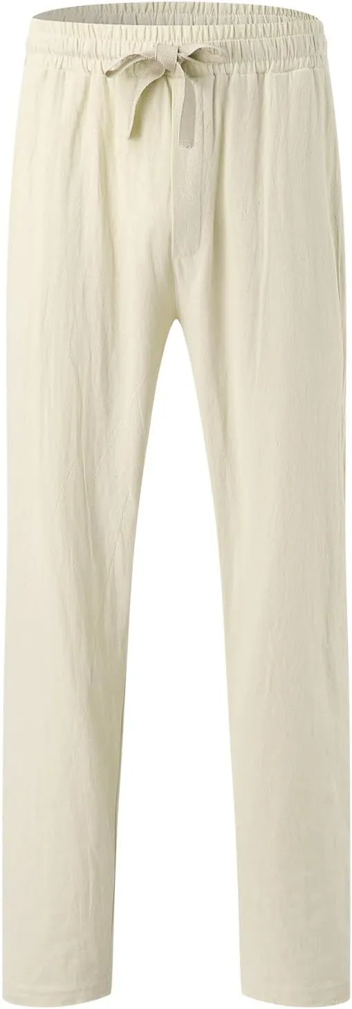 Mens Elastic Waist Pants Linen Drawstring Casual Pants Relaxed Fit Summer Beach Yoga Lightweight Trousers with Pocket