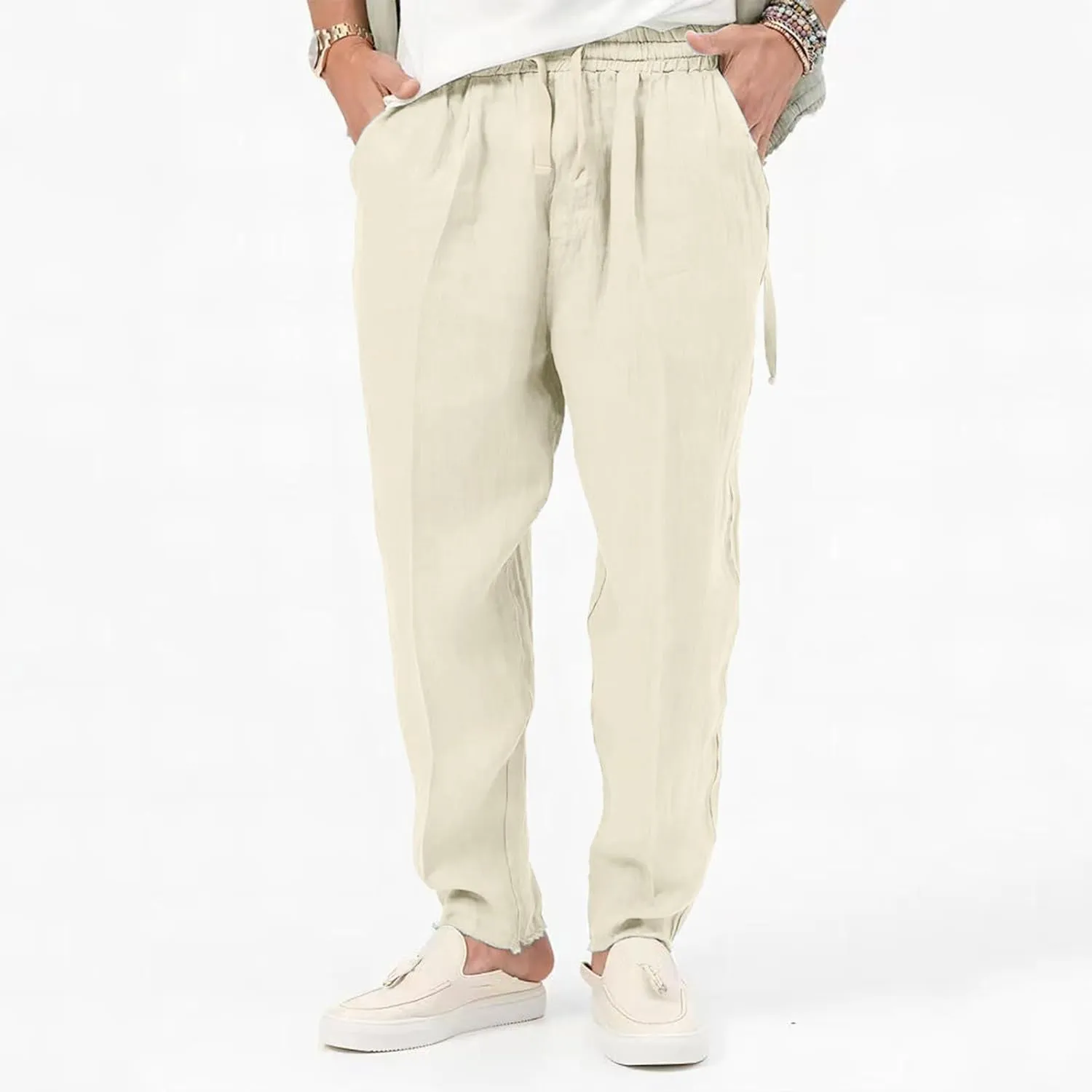 Mens Elastic Waist Pants Linen Drawstring Casual Pants Relaxed Fit Summer Beach Yoga Lightweight Trousers with Pocket