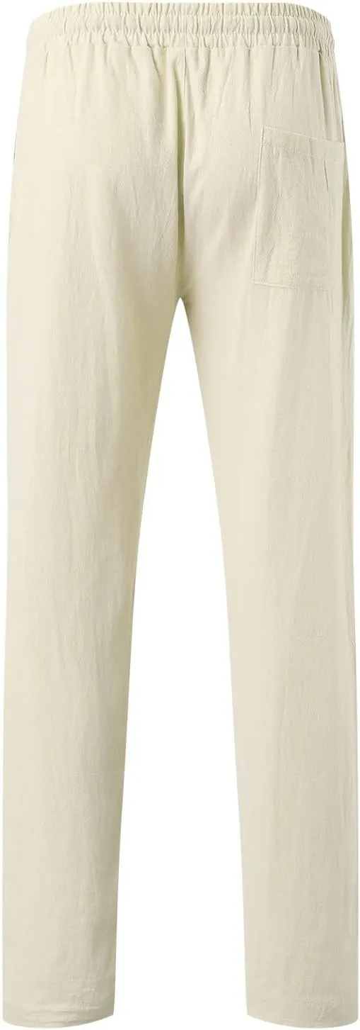 Mens Elastic Waist Pants Linen Drawstring Casual Pants Relaxed Fit Summer Beach Yoga Lightweight Trousers with Pocket