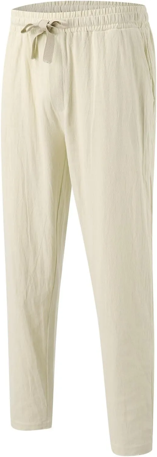 Mens Elastic Waist Pants Linen Drawstring Casual Pants Relaxed Fit Summer Beach Yoga Lightweight Trousers with Pocket