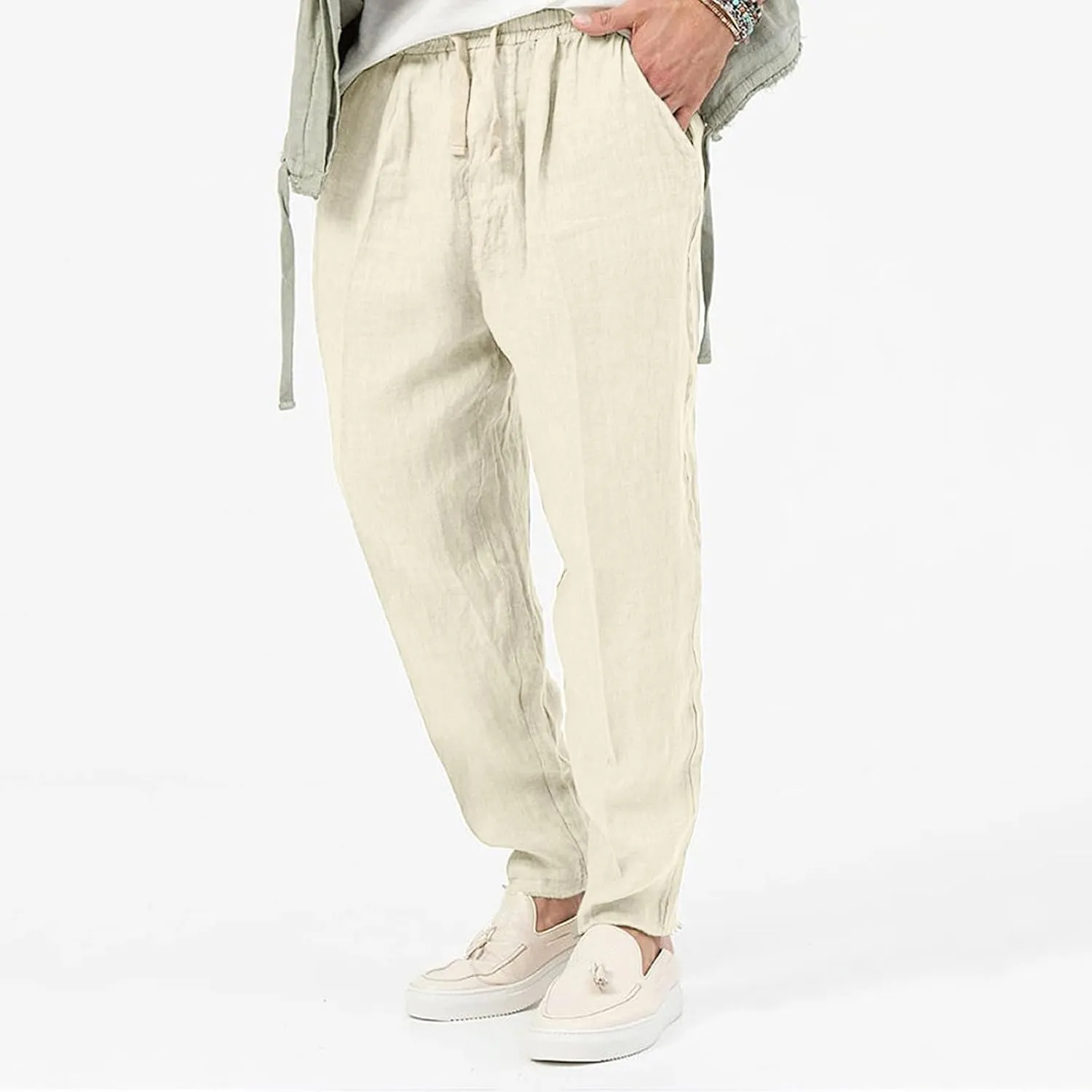 Mens Elastic Waist Pants Linen Drawstring Casual Pants Relaxed Fit Summer Beach Yoga Lightweight Trousers with Pocket
