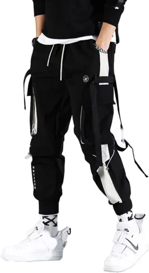 Mens Fashion Streetwear Black Cargo Jogger Pants Active Elastic Waist Hip Hop Punk Sport Jogger Pants with Multi Pockets