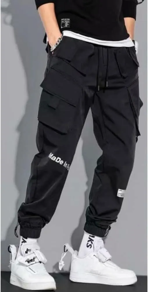 Mens Fashion Streetwear Black Cargo Jogger Pants Active Elastic Waist Hip Hop Punk Sport Jogger Pants with Multi Pockets