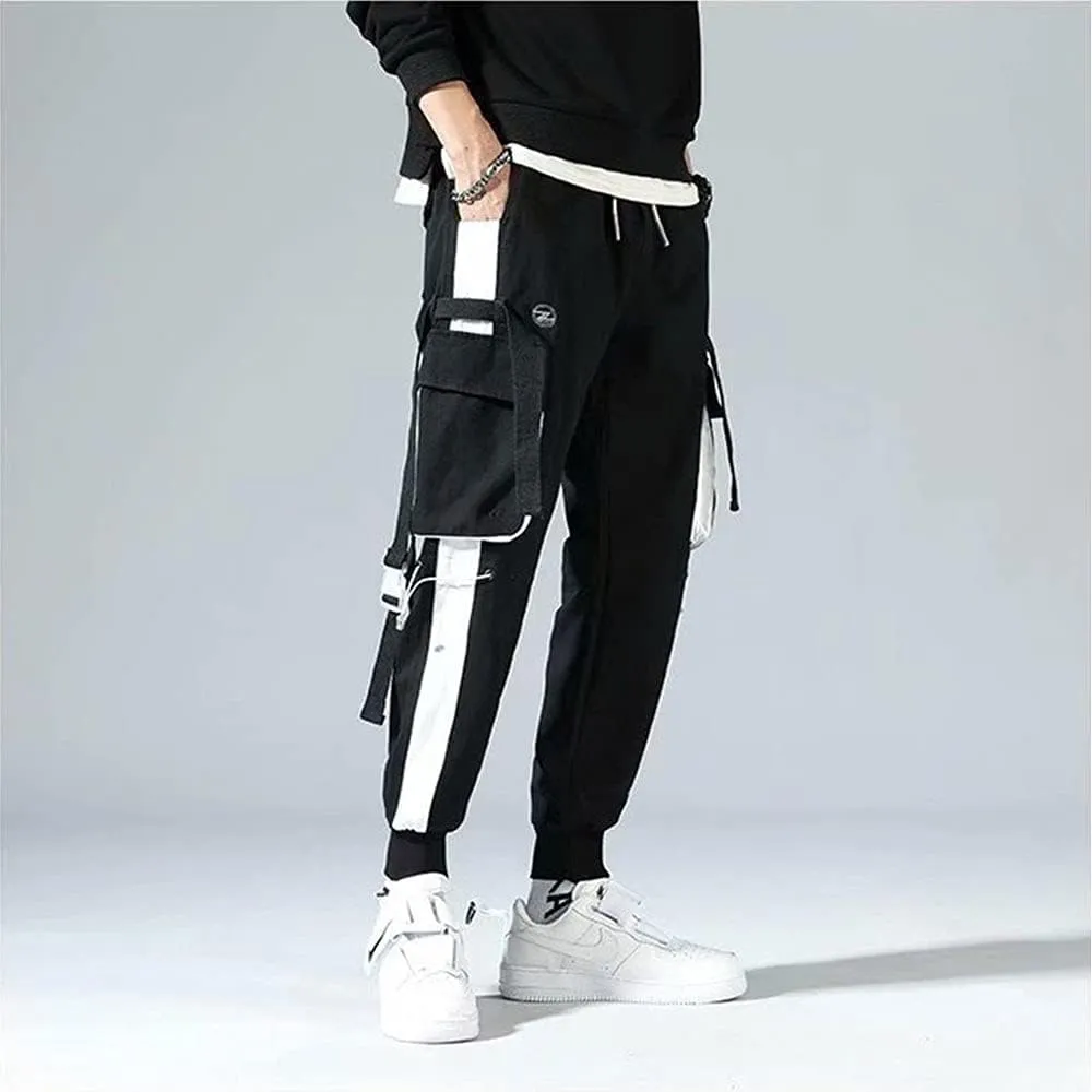 Mens Fashion Streetwear Black Cargo Jogger Pants Active Elastic Waist Hip Hop Punk Sport Jogger Pants with Multi Pockets