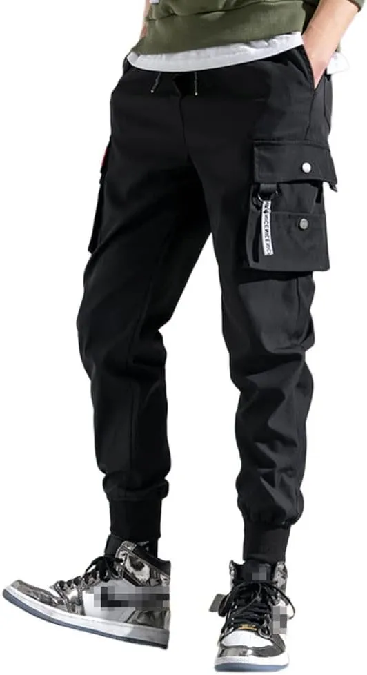 Mens Fashion Streetwear Black Cargo Jogger Pants Active Elastic Waist Hip Hop Punk Sport Jogger Pants with Multi Pockets