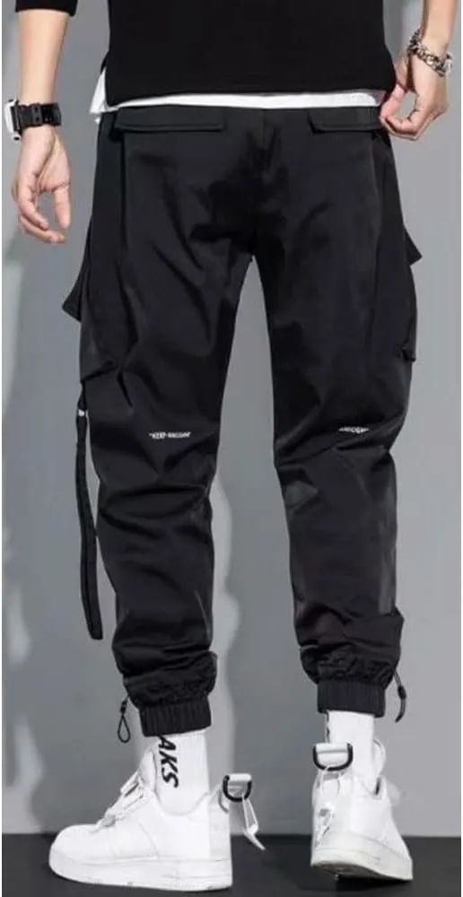 Mens Fashion Streetwear Black Cargo Jogger Pants Active Elastic Waist Hip Hop Punk Sport Jogger Pants with Multi Pockets
