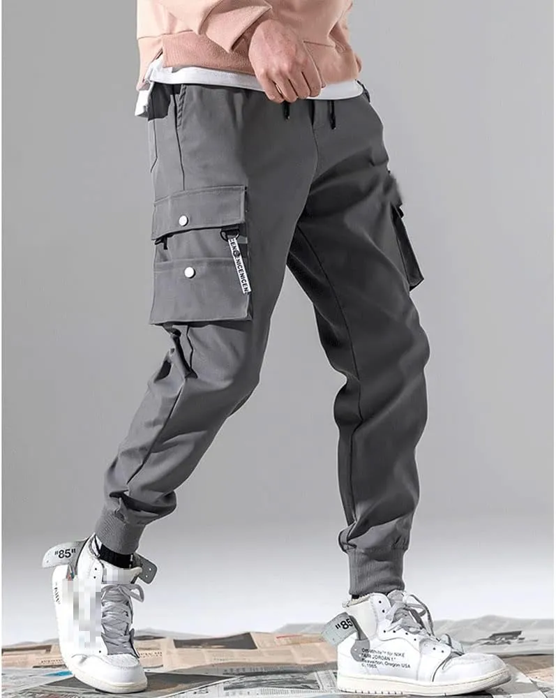 Mens Fashion Streetwear Black Cargo Jogger Pants Active Elastic Waist Hip Hop Punk Sport Jogger Pants with Multi Pockets