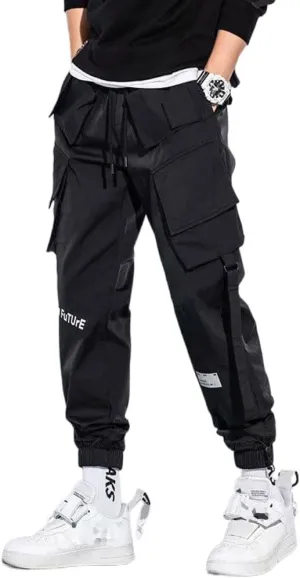 Mens Fashion Streetwear Black Cargo Jogger Pants Active Elastic Waist Hip Hop Punk Sport Jogger Pants with Multi Pockets