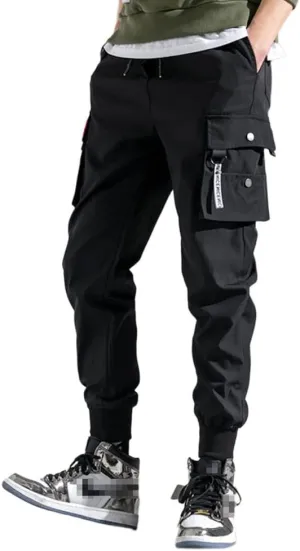 Mens Fashion Streetwear Black Cargo Jogger Pants Active Elastic Waist Hip Hop Punk Sport Jogger Pants with Multi Pockets
