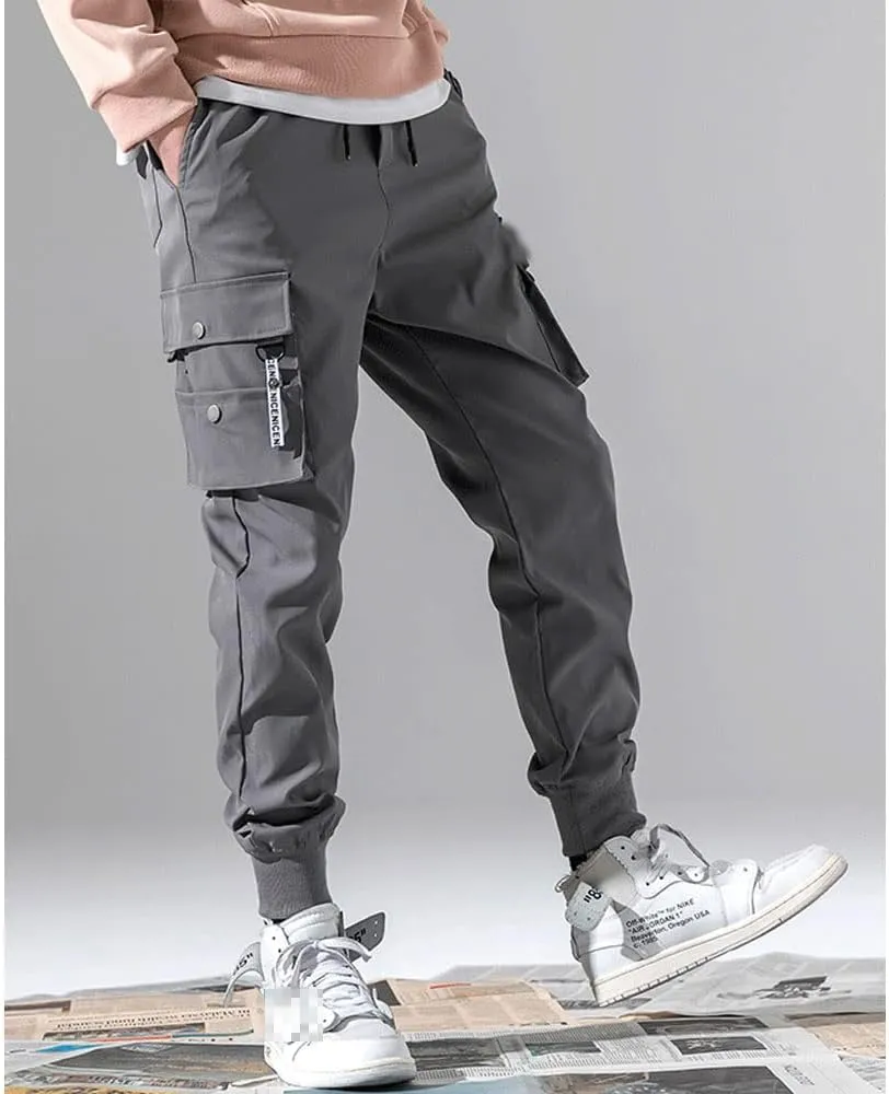 Mens Fashion Streetwear Black Cargo Jogger Pants Active Elastic Waist Hip Hop Punk Sport Jogger Pants with Multi Pockets