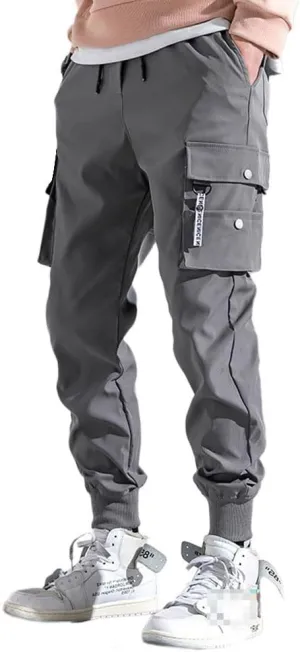 Mens Fashion Streetwear Black Cargo Jogger Pants Active Elastic Waist Hip Hop Punk Sport Jogger Pants with Multi Pockets