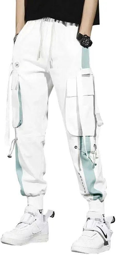 Mens Fashion Streetwear Black Cargo Jogger Pants Active Elastic Waist Hip Hop Punk Sport Jogger Pants with Multi Pockets