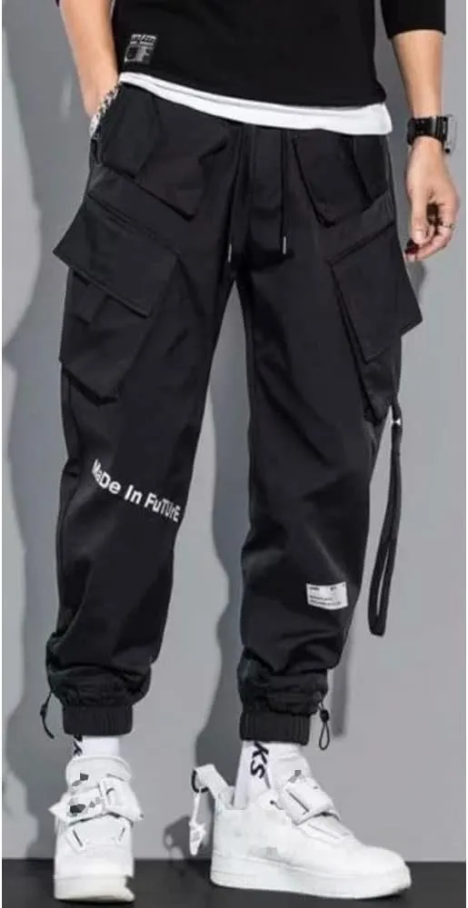 Mens Fashion Streetwear Black Cargo Jogger Pants Active Elastic Waist Hip Hop Punk Sport Jogger Pants with Multi Pockets