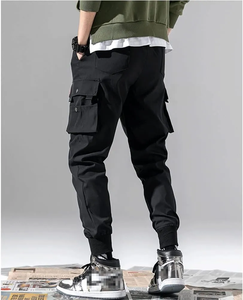 Mens Fashion Streetwear Black Cargo Jogger Pants Active Elastic Waist Hip Hop Punk Sport Jogger Pants with Multi Pockets
