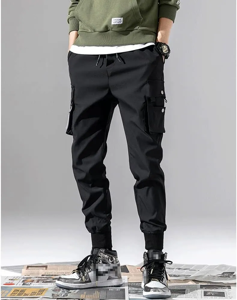 Mens Fashion Streetwear Black Cargo Jogger Pants Active Elastic Waist Hip Hop Punk Sport Jogger Pants with Multi Pockets